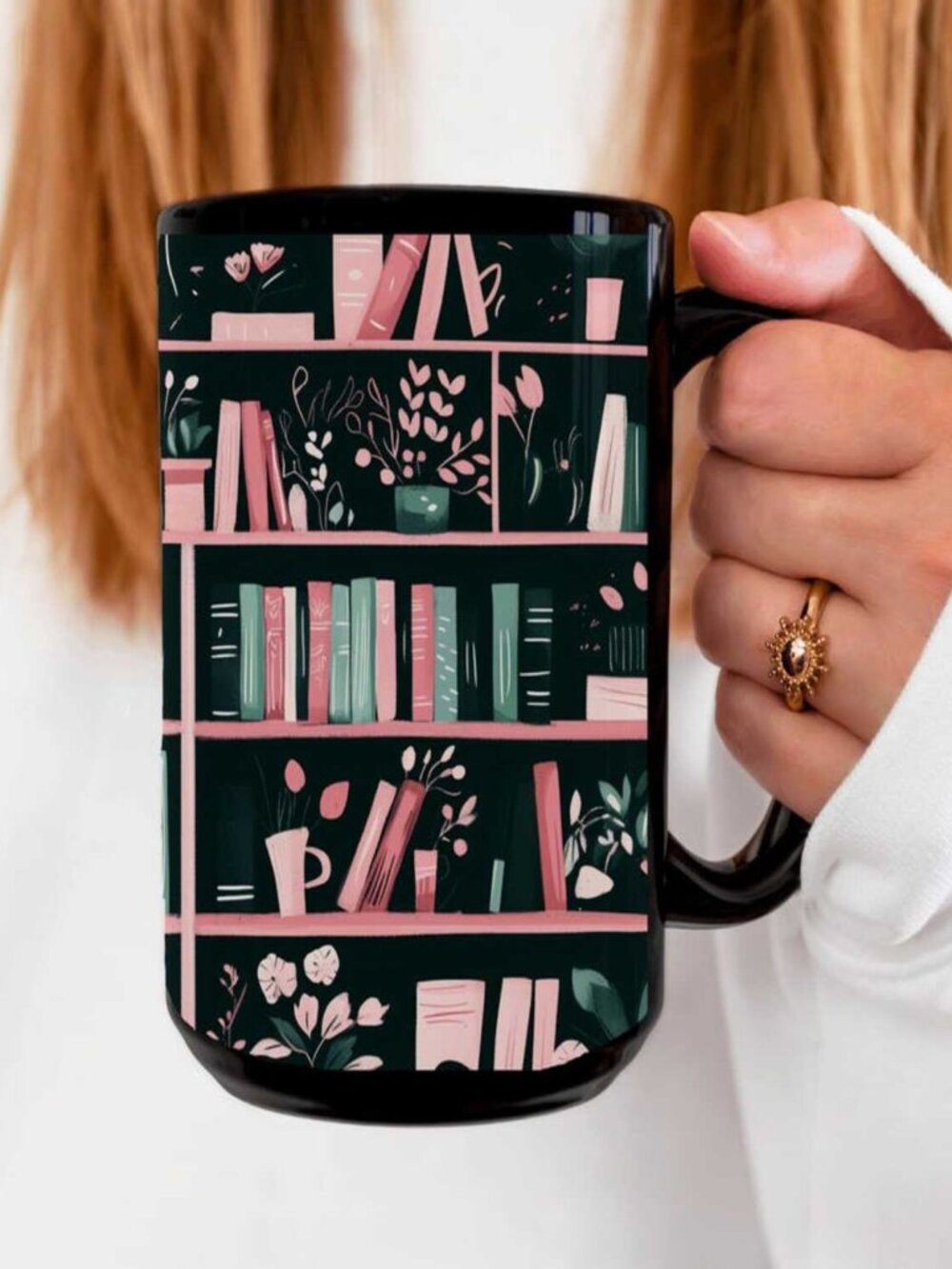 Bookish Pink Floral Cottagecore Bookshelf Coffee Mug, Book Lover Gift Size 11oz